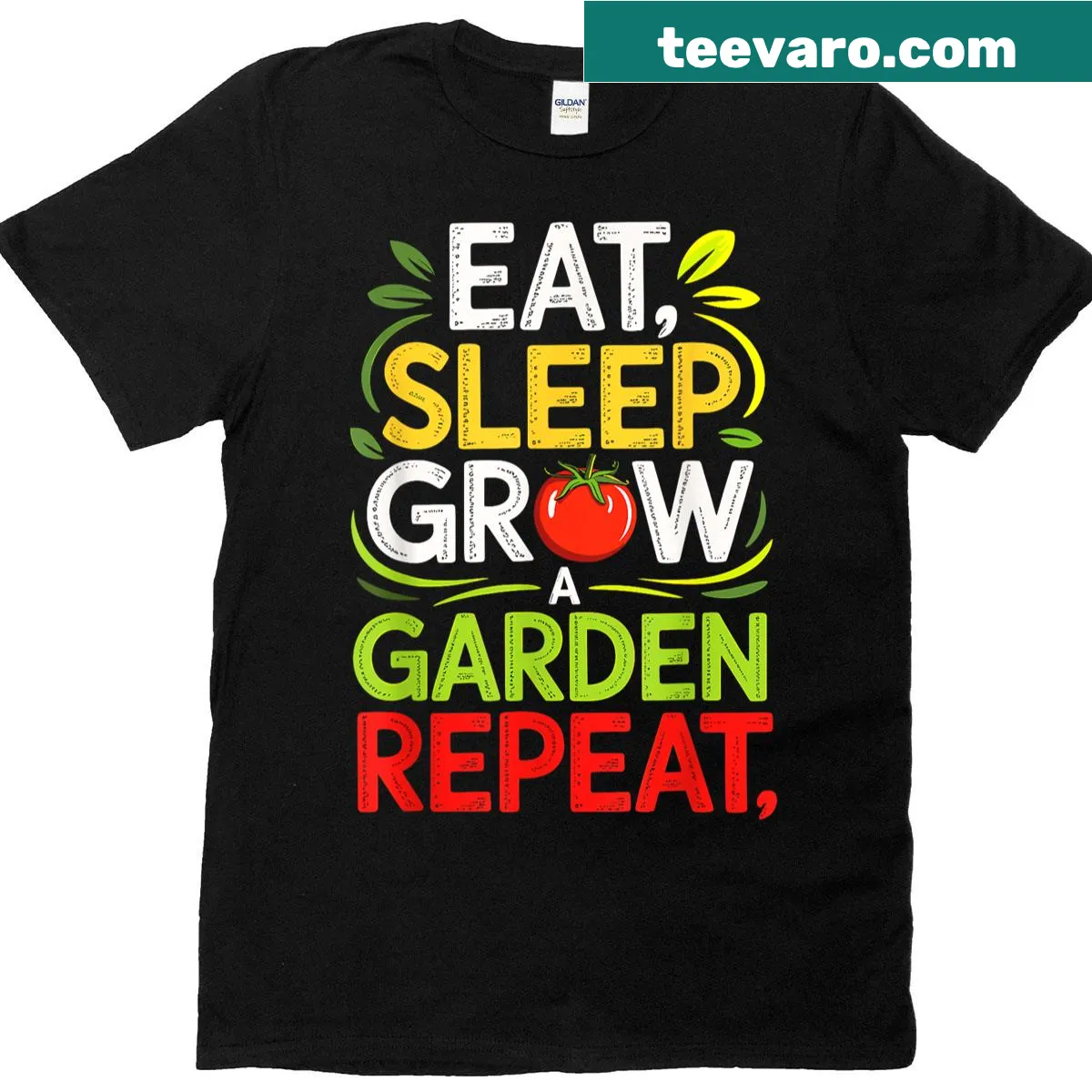 Urban veggie plant life T-shirt with 'Eat Sleep Grow A Garden Repeat' slogan — on a men's t-shirt