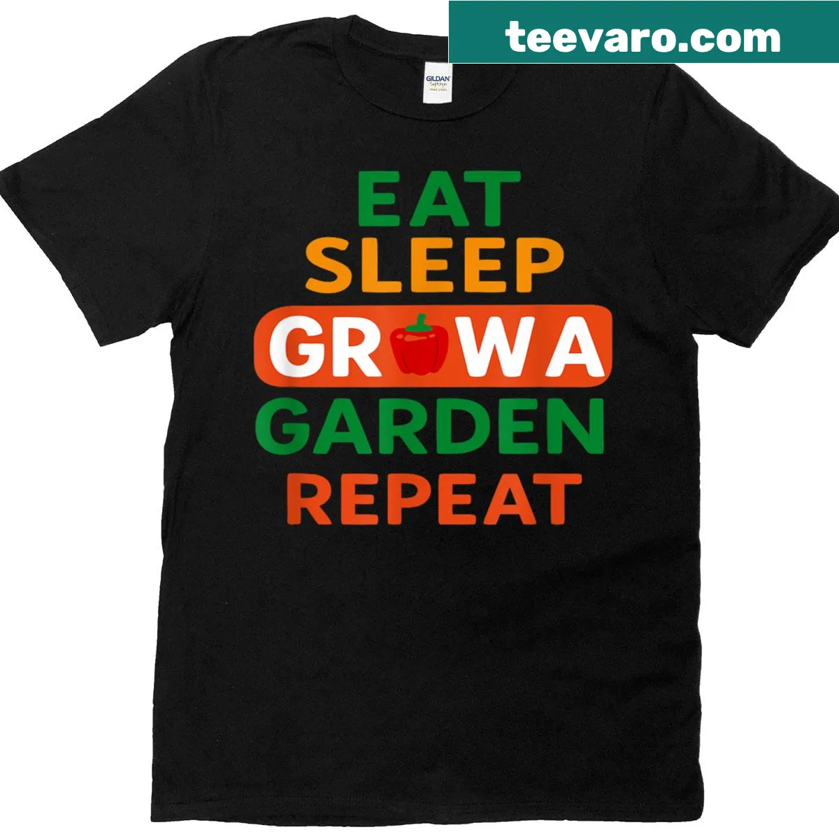 Funny gardening shirt with the phrase Eat Sleep Grow Garden Repeat — on a men's t-shirt