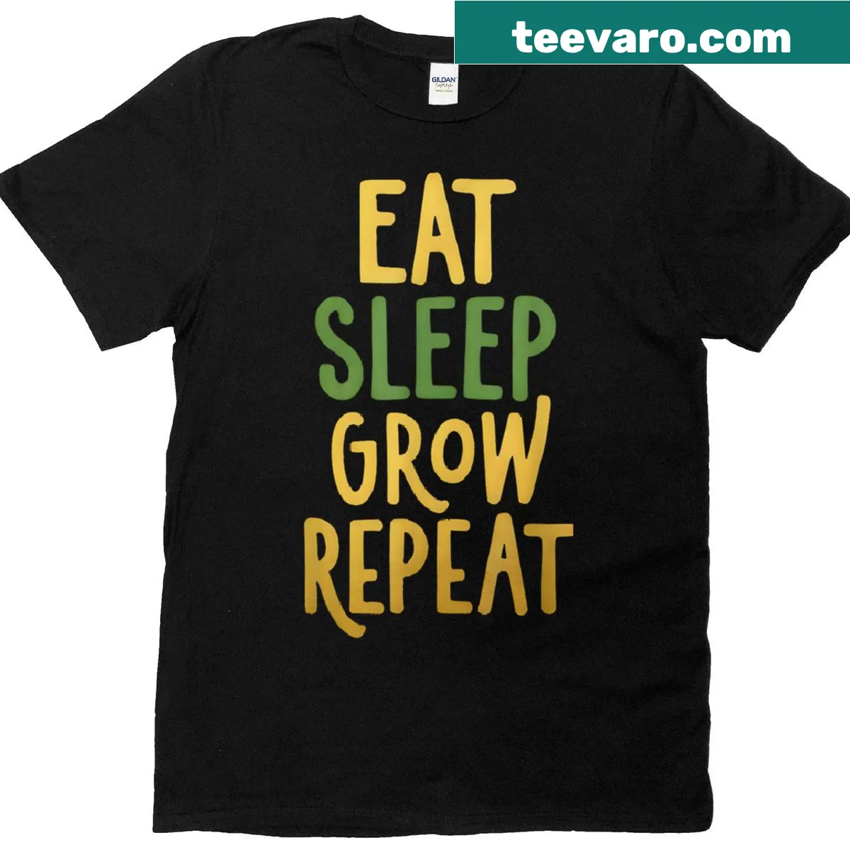 Gardening enthusiast shirt with Eat Sleep Grow Repeat text — on a men's t-shirt