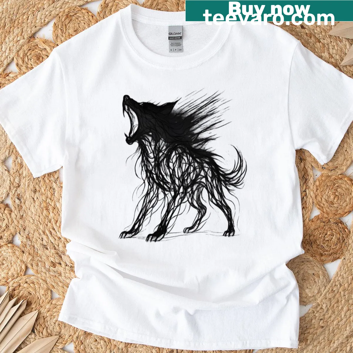 T-shirt with a striking echo wolf graphic on a dark background — on a men's t-shirt