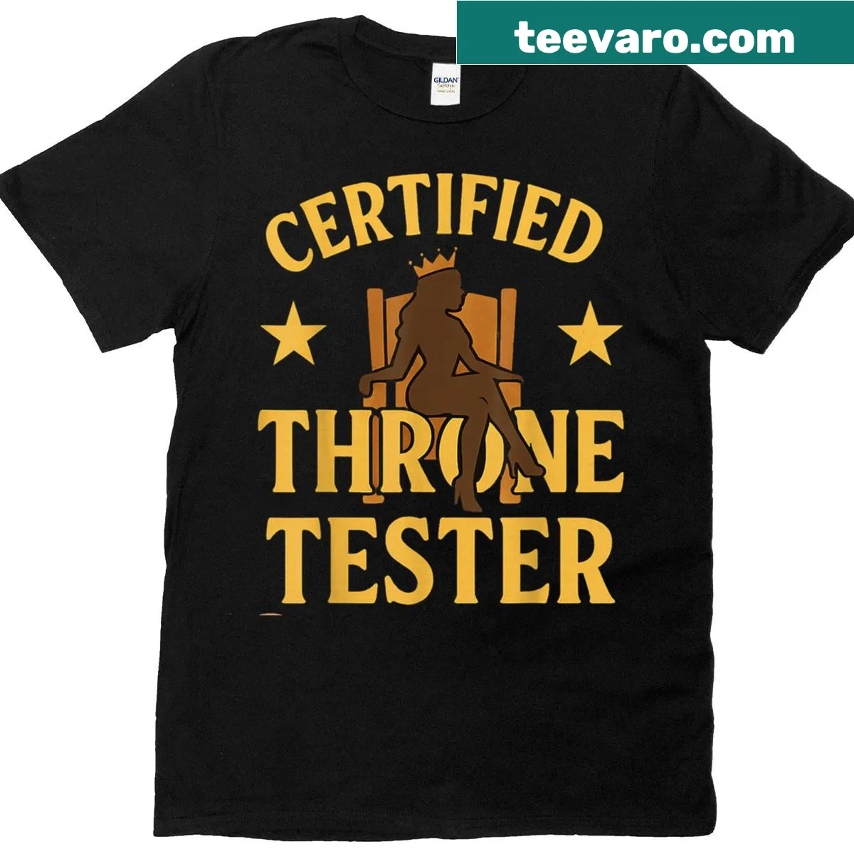 Funny queen design with an elegant queen sitting on a royal chair — on a men's t-shirt