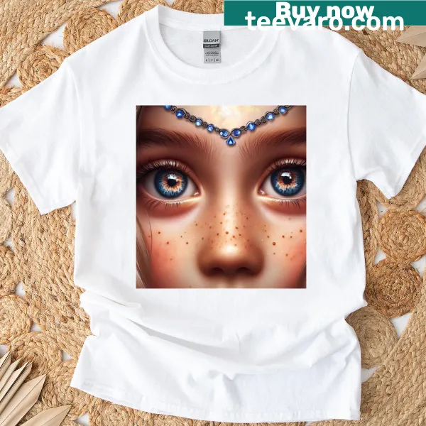 T-shirt featuring a close-up illustration of an elven child with blue jewel