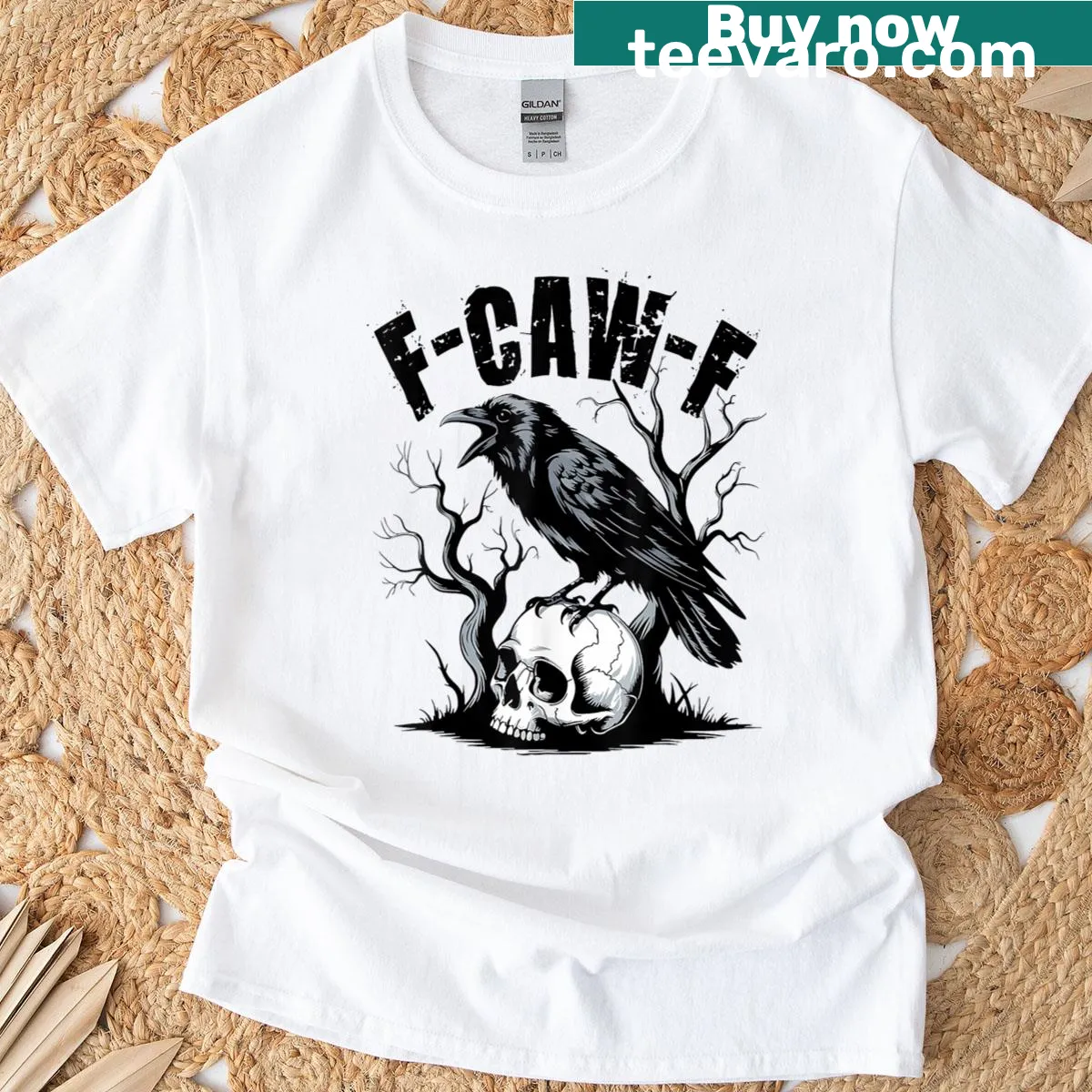 Funny F Caw F T-shirt with black crow graphic and humorous saying — on a men's t-shirt