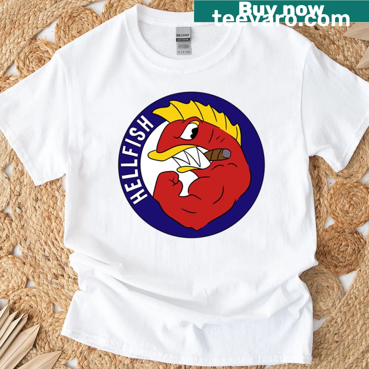 Illustrative Fighting Hellfish USA graphic shirt — on a men's t-shirt