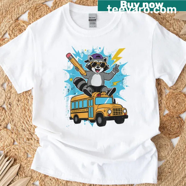 Cartoon raccoon on school bus graphic shirt