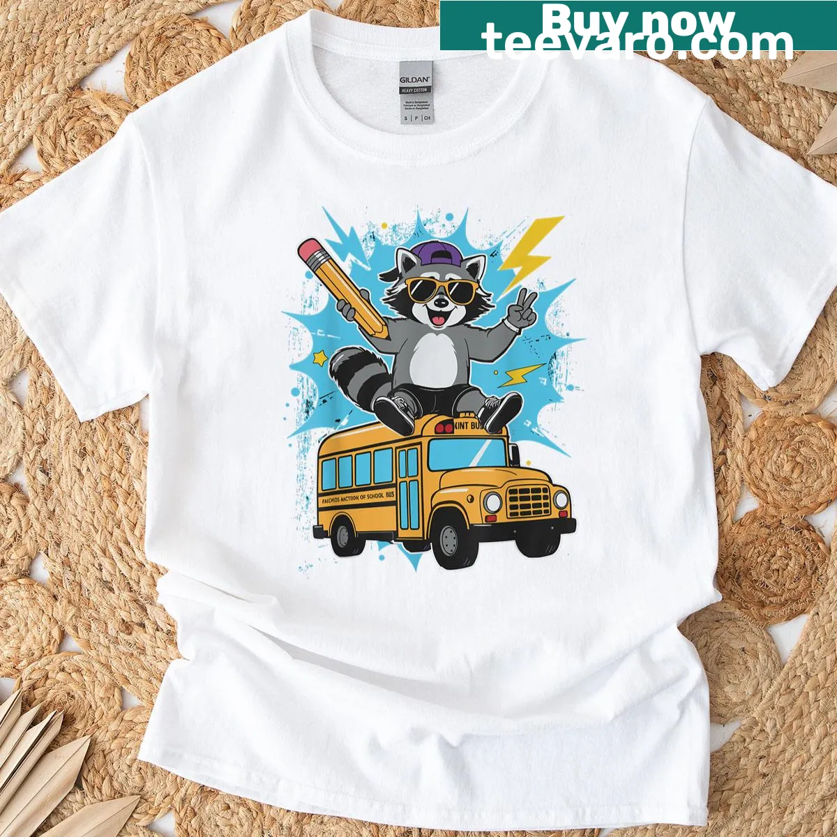 Cartoon raccoon on school bus graphic shirt — on a men's t-shirt