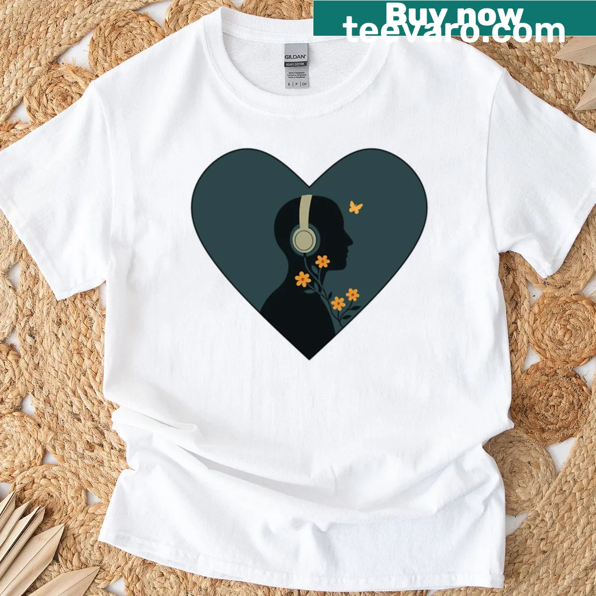 T-shirt with whimsical earphone and blooming flowers design — on a men's t-shirt