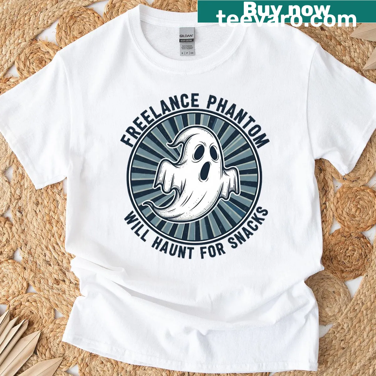Funny ghost T-shirt with a cartoon phantom and humor about snacks — on a men's t-shirt