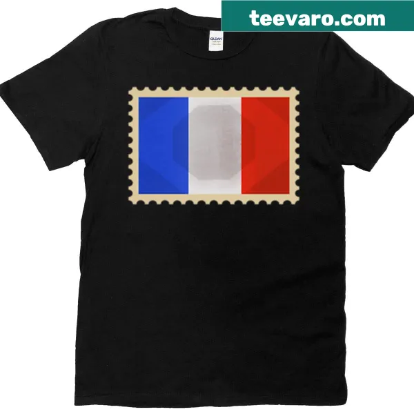 Geometric illustration of the French flag on a vintage postcard t-shirt