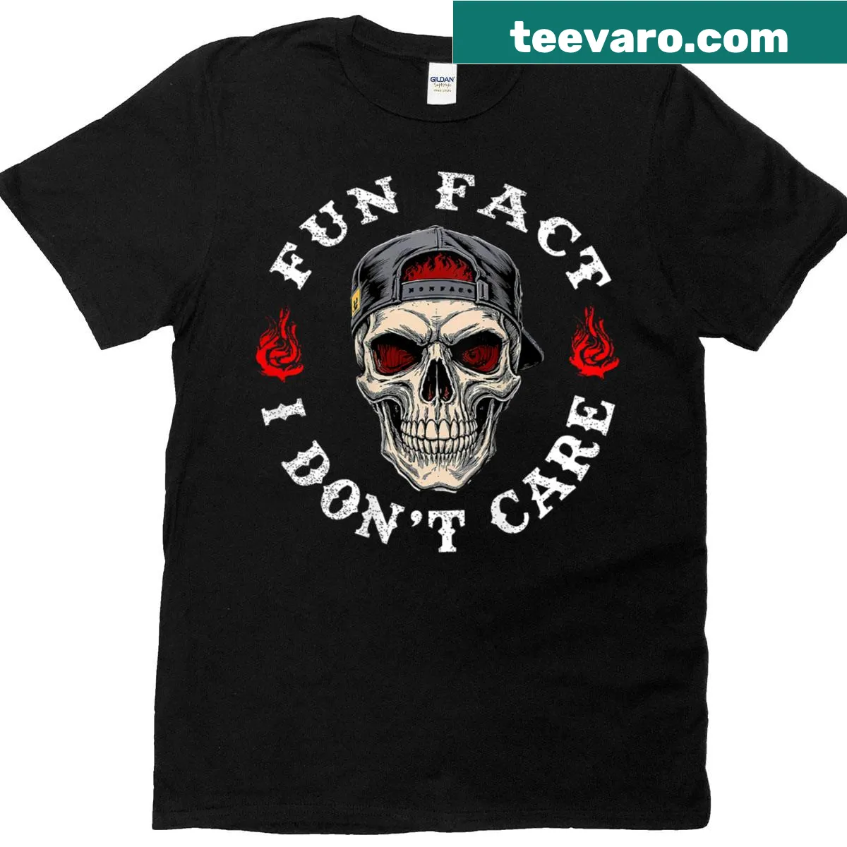 T-shirt with a humorous skeleton design and sarcastic text on back — on a men's t-shirt