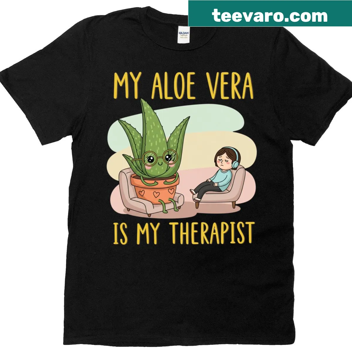 Humorous typography t-shirt with quote about aloe vera as a therapist — on a men's t-shirt