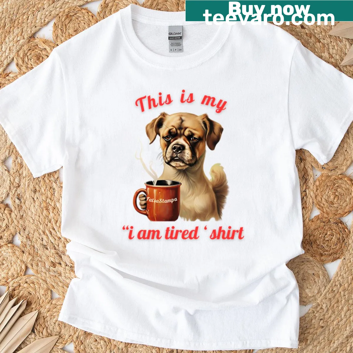 Funny T-shirt featuring a humorous dog and coffee theme — on a men's t-shirt