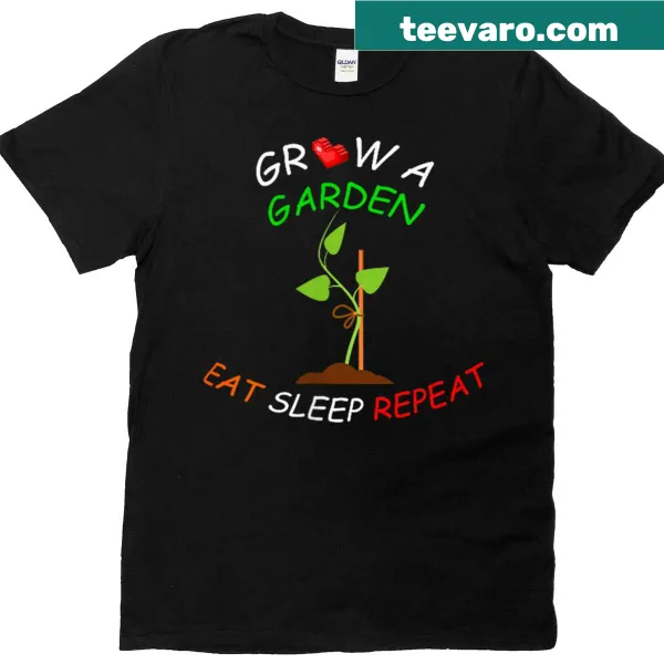 Humorous gardening t-shirt with 'Eat Sleep Repeat' and plant graphics