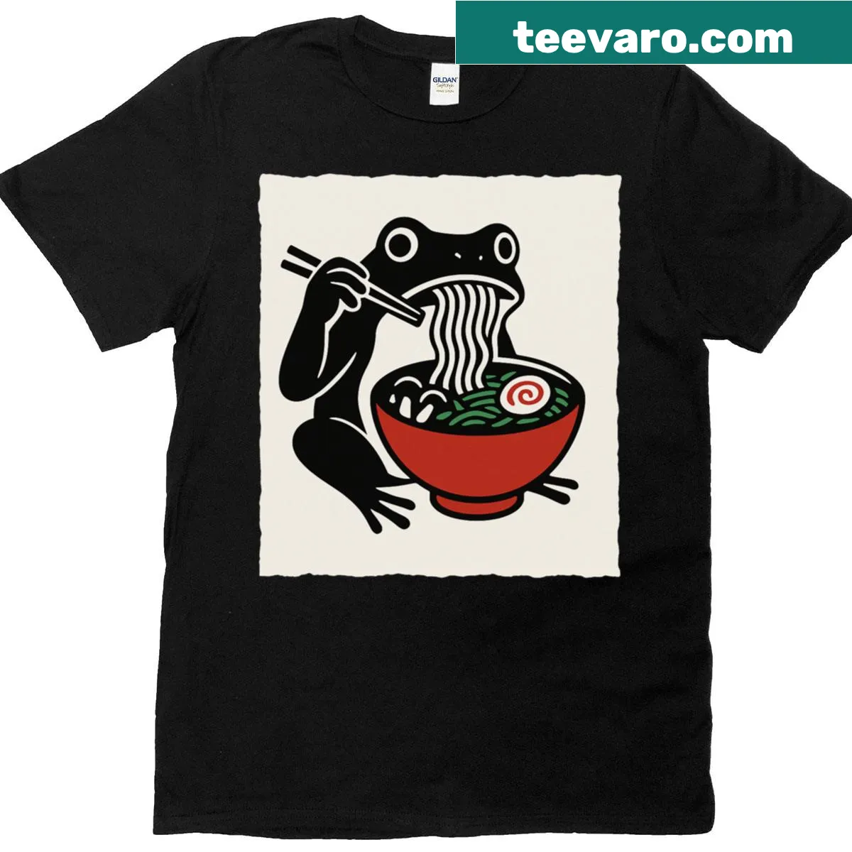 Funny frog ramen design on T-shirt for anime fans — on a men's t-shirt