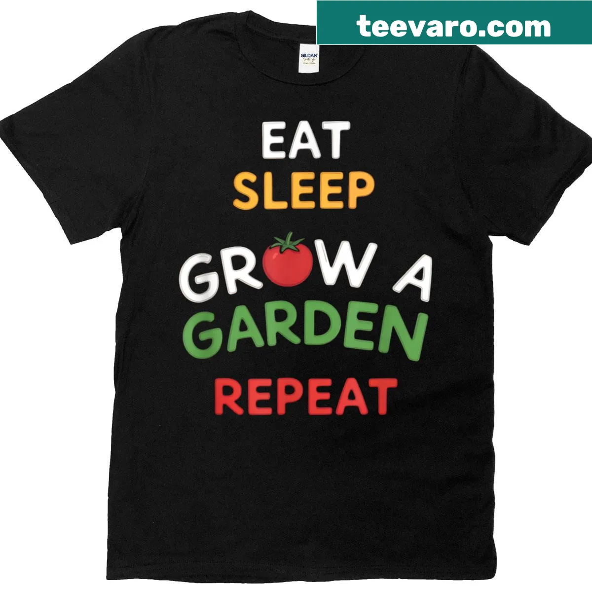 Funny graphic t-shirt featuring Eat Sleep Grow A Garden Repeat text — on a men's t-shirt