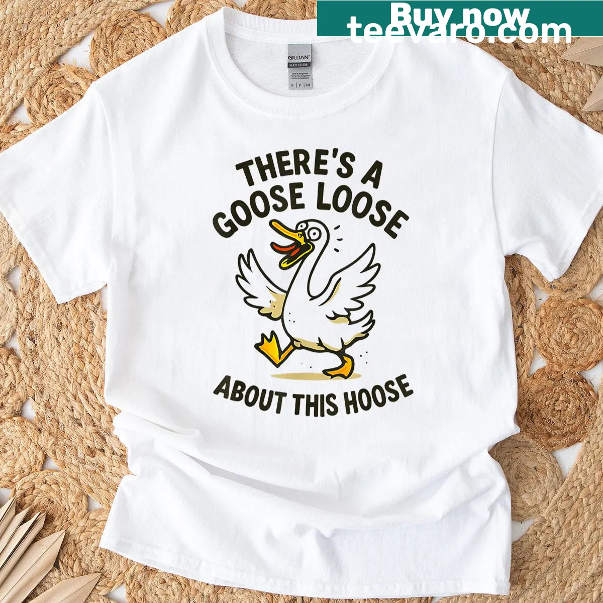 Illustration of a dancing goose on farm-themed t-shirt — on a men's t-shirt