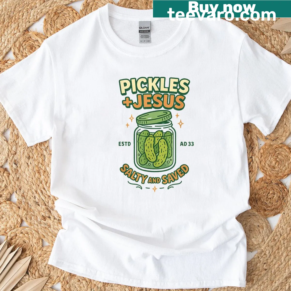 Funny Christian-themed T-shirt featuring Pickles and Jesus — on a men's t-shirt