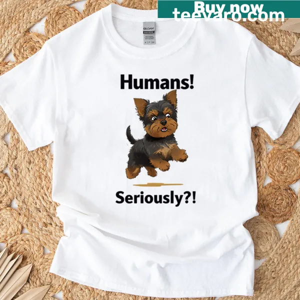 Cute illustration of a Yorkie with humorous text on a T-shirt