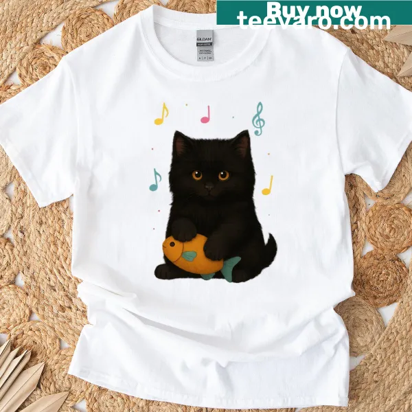 Illustration of a black cat with fish and musical notes
