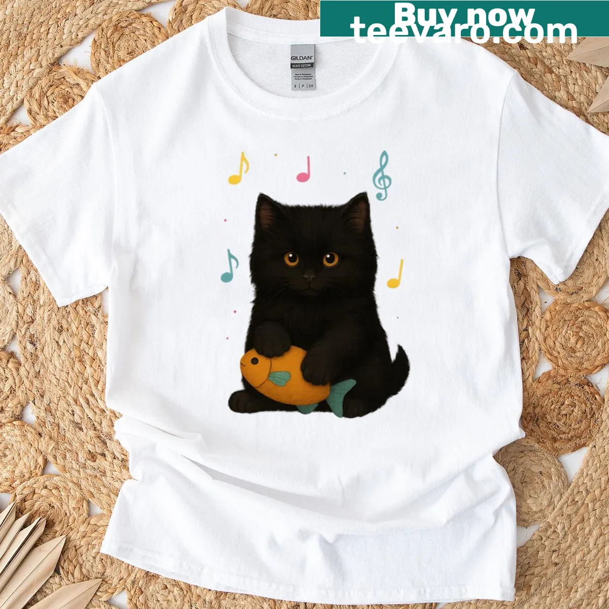 Illustration of a black cat with fish and musical notes — on a men's t-shirt