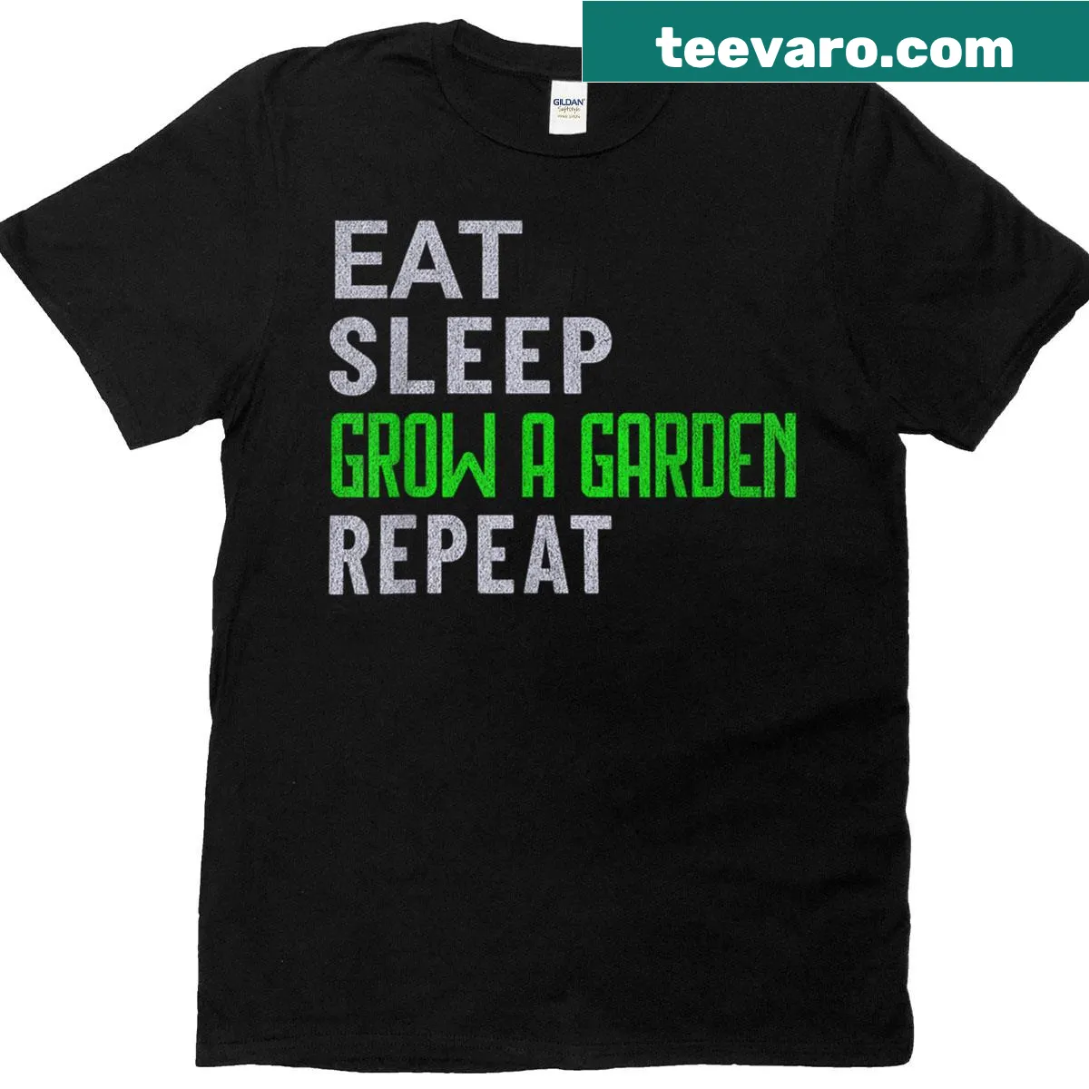 Funny t-shirt featuring Game Eat Sleep Grow A Garden Repeat text — on a men's t-shirt