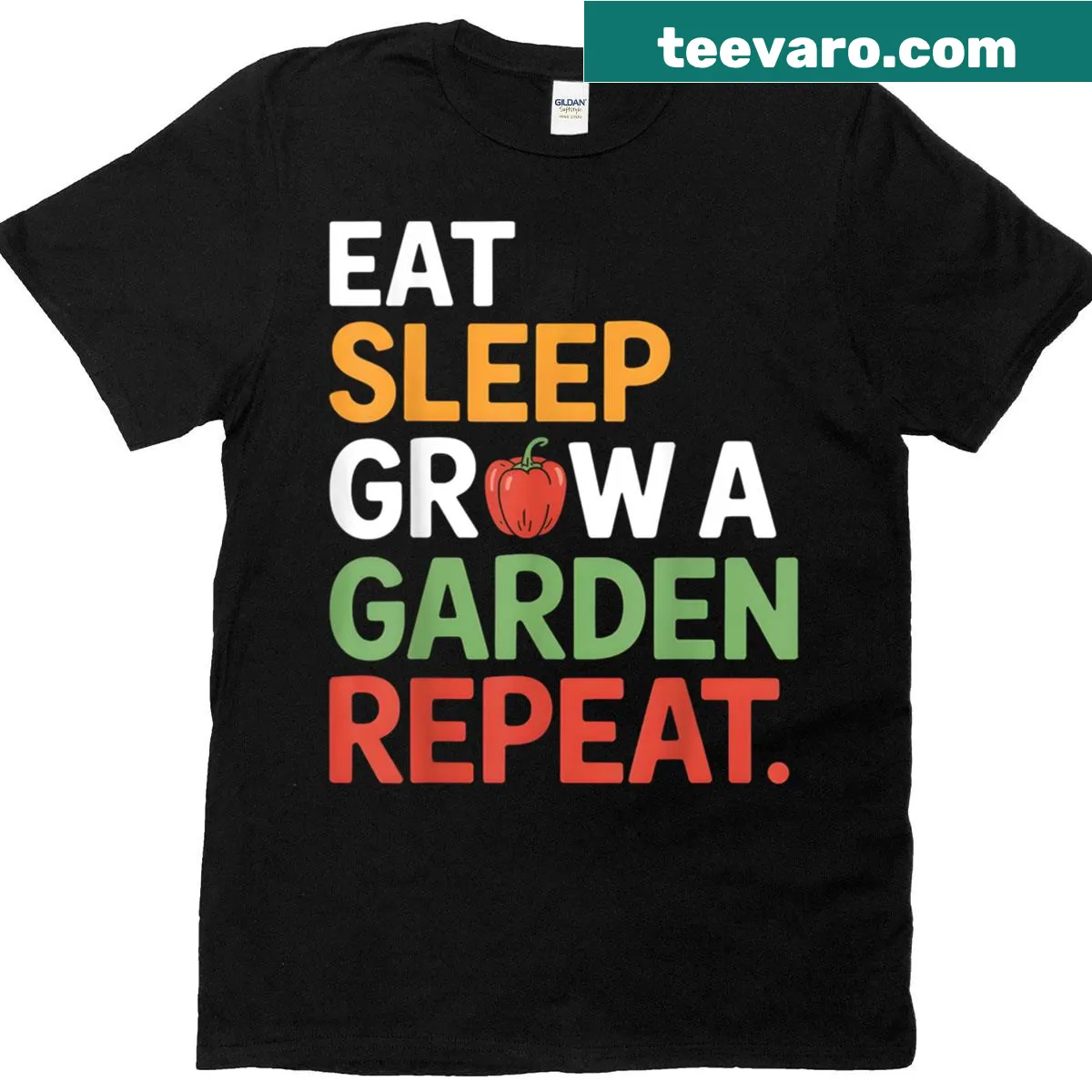 Funny gamer t-shirt with the phrase 'Game Eat Sleep Grow A Garden Repeat' in playful typography. — on a men's t-shirt