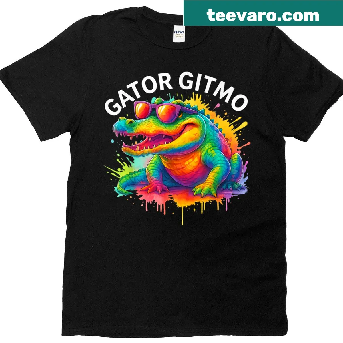 Funny alligator cartoon wearing sunglasses on a t-shirt — on a men's t-shirt