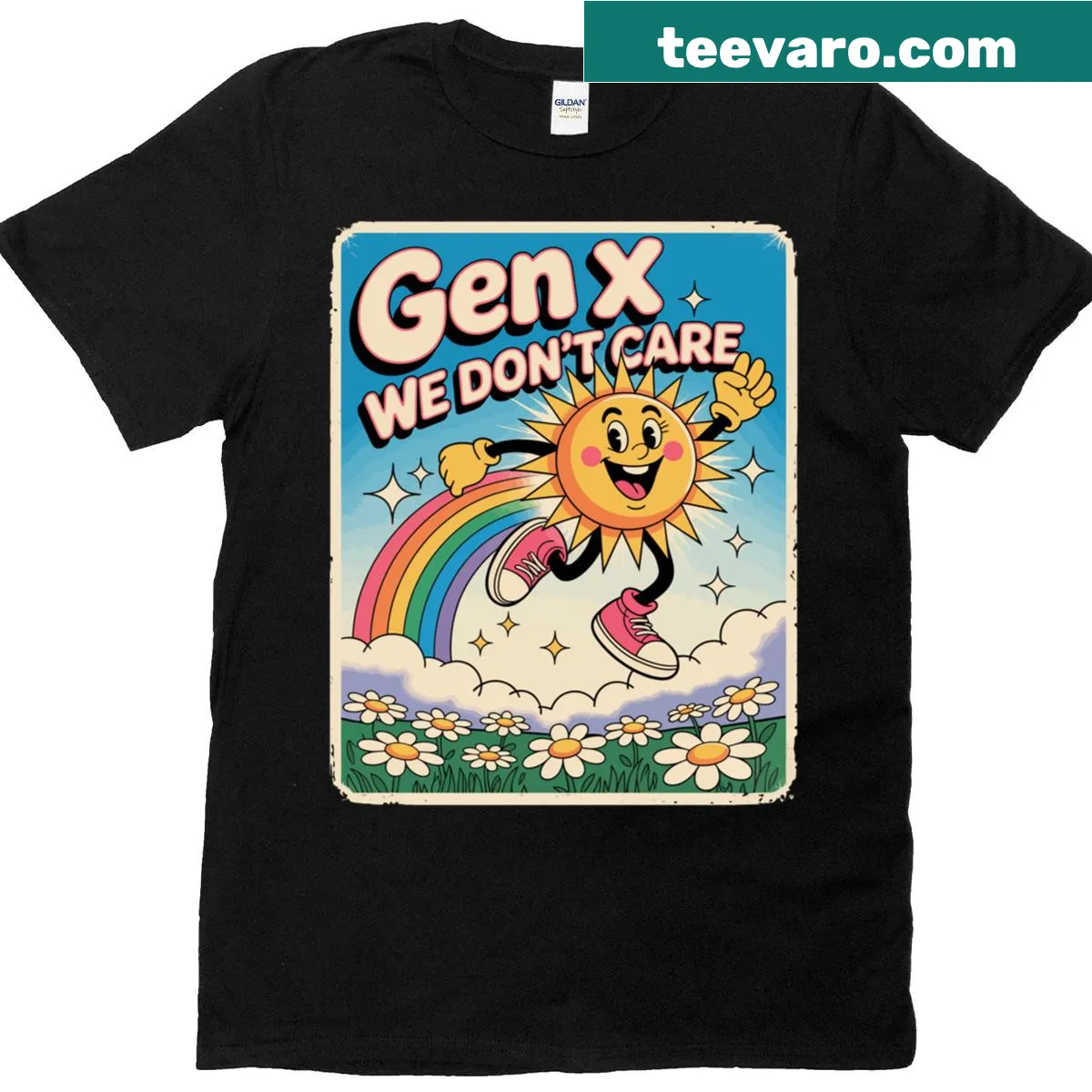 Funny t-shirt with the text 'Gen X Generation We Don't Care' in bold typography. — on a men's t-shirt