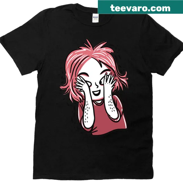 Charming t-shirt featuring an illustration of a girl hiding her face.