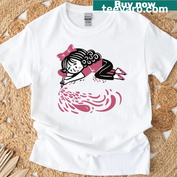 Hand-lettered T-shirt featuring a girl with a bow drawing on the ground