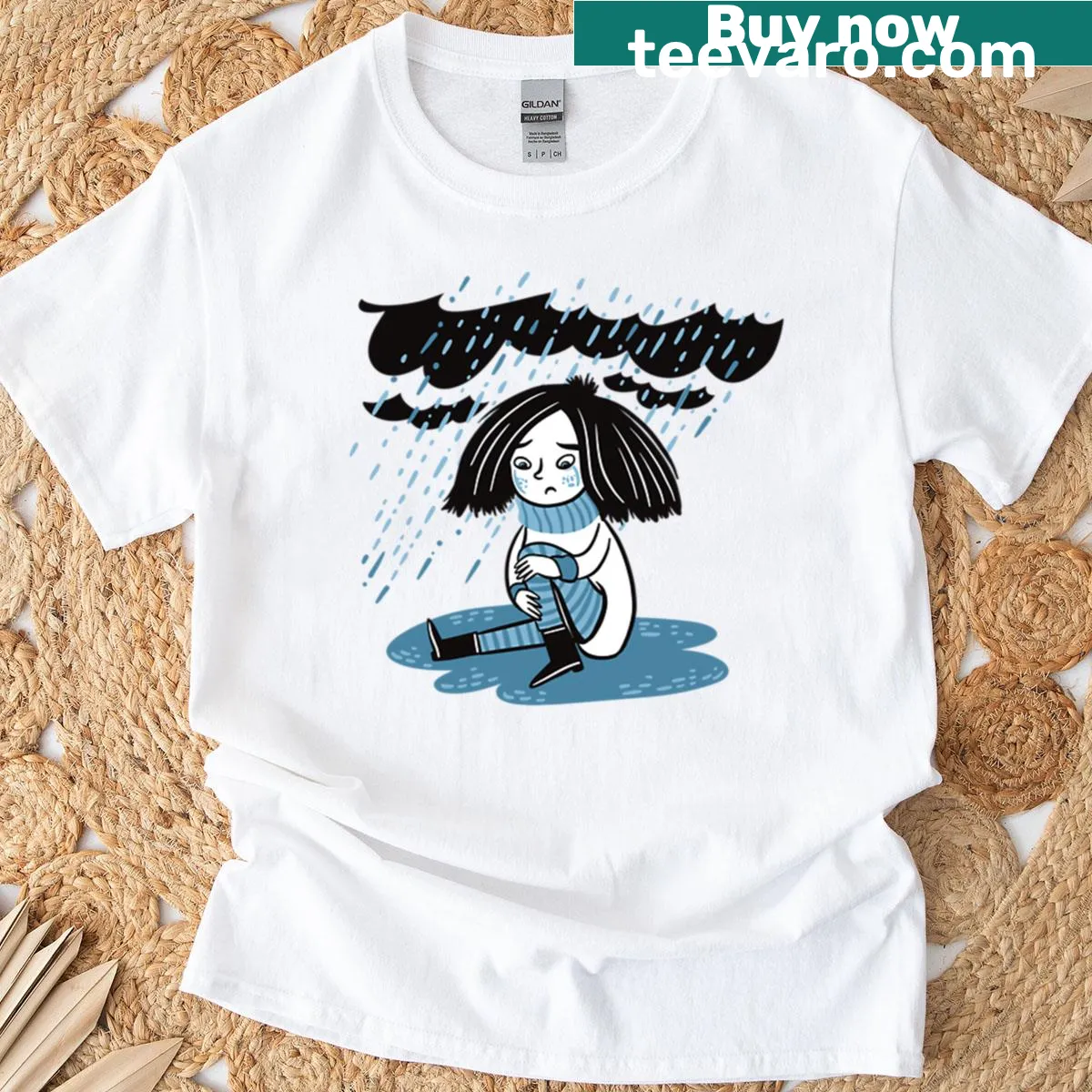 Illustration of a girl sitting in the rain on a t-shirt — on a men's t-shirt