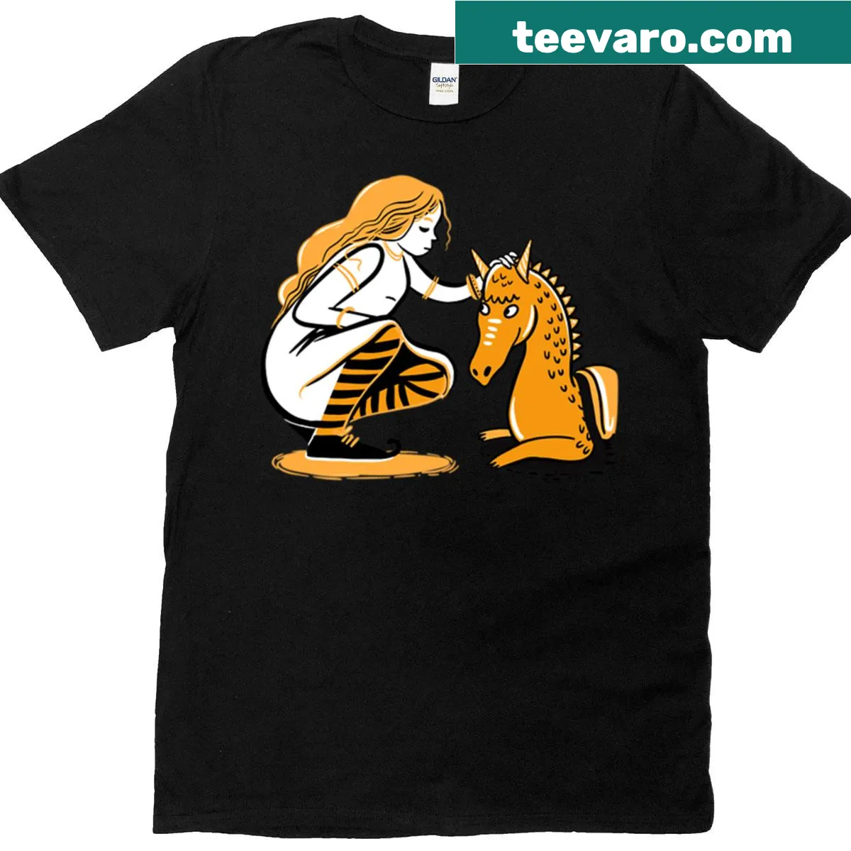 Illustration of a girl petting a cute dragon on a t-shirt — on a men's t-shirt