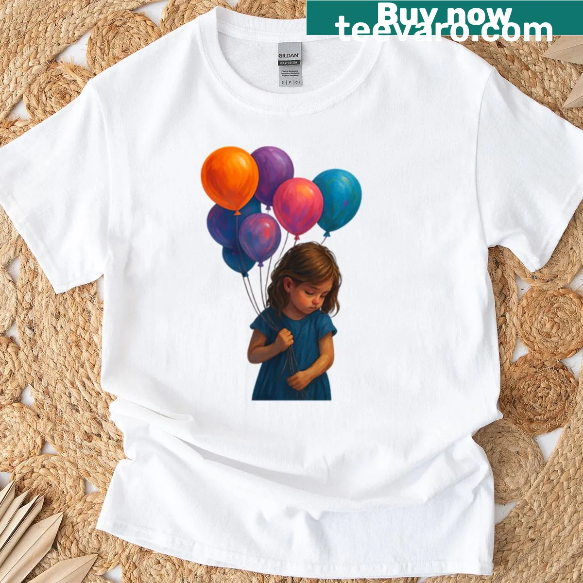 Surreal illustration of a girl with balloons on a T-shirt — on a men's t-shirt