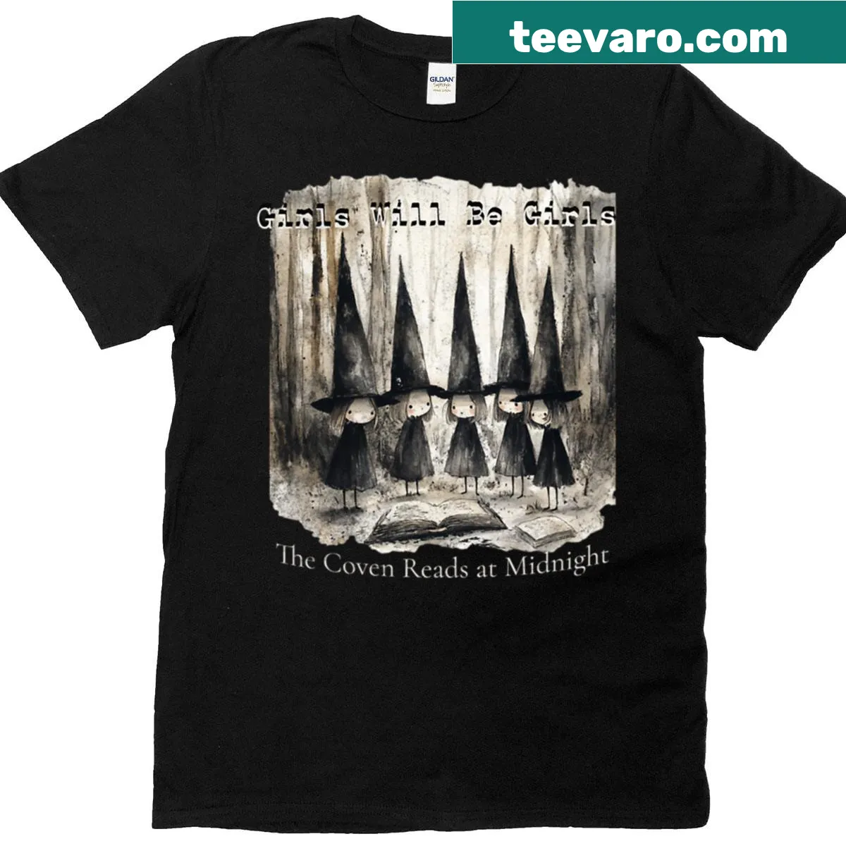 T-shirt with 'The Coven Reads At Midnight' text — on a men's t-shirt