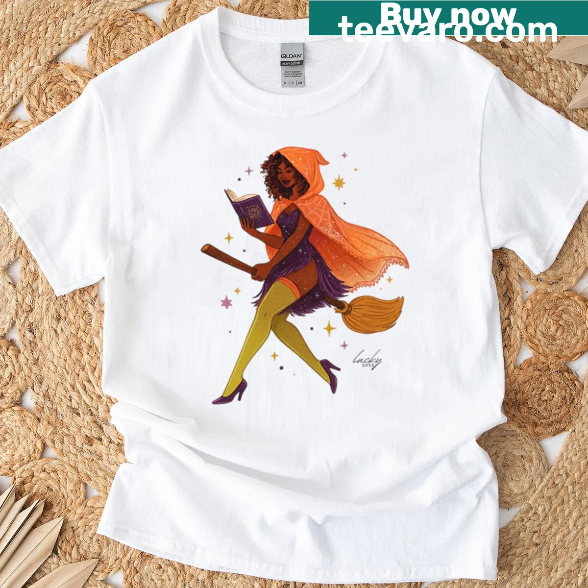 Vintage illustration of a glamorous witch on a t-shirt — on a men's t-shirt