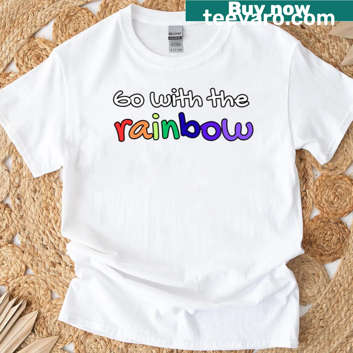 Colorful typography t-shirt with 'Go With The Rainbow' quote — on a men's t-shirt