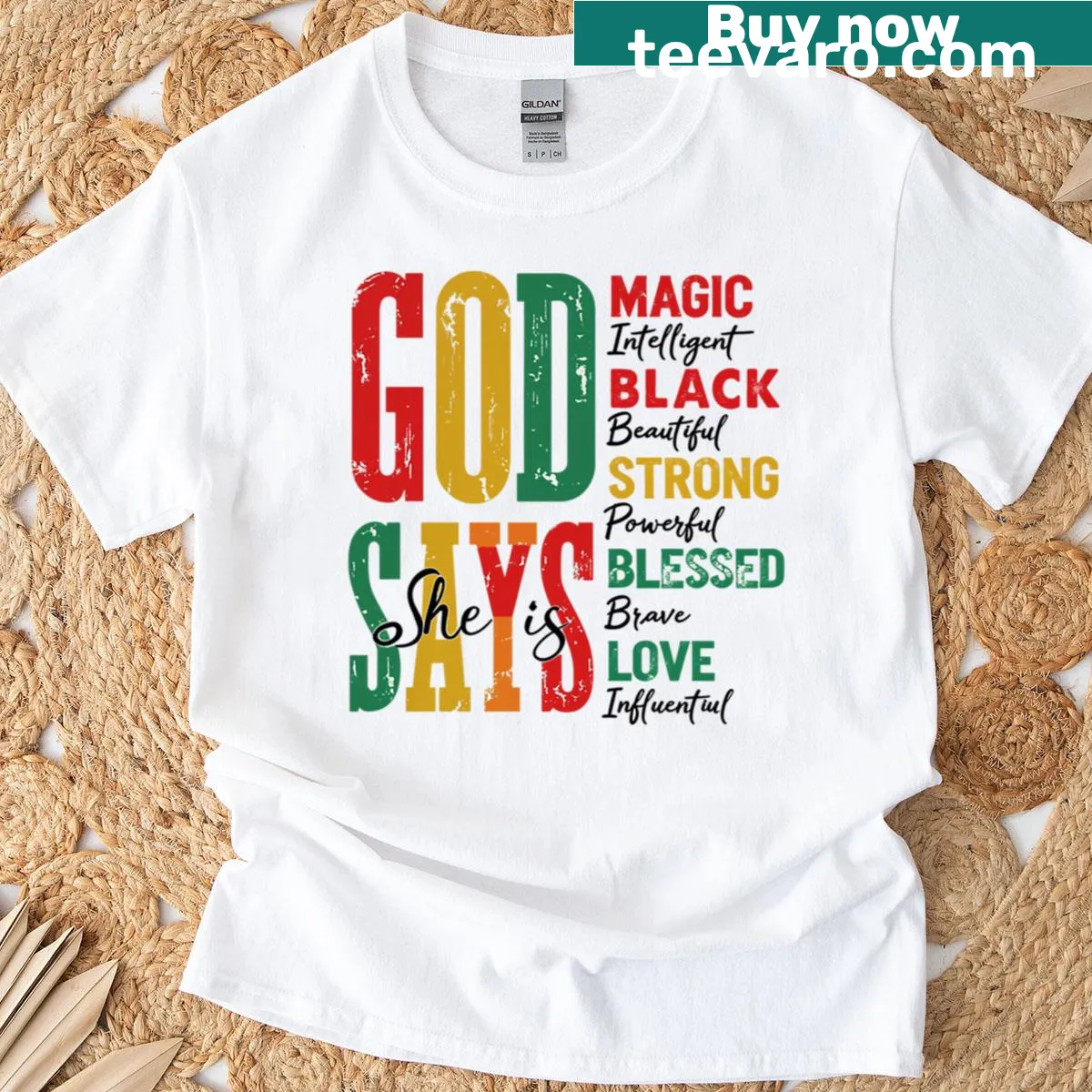 Inspirational t-shirt featuring the phrase 'God Says I Am' in colorful lettering — on a men's t-shirt