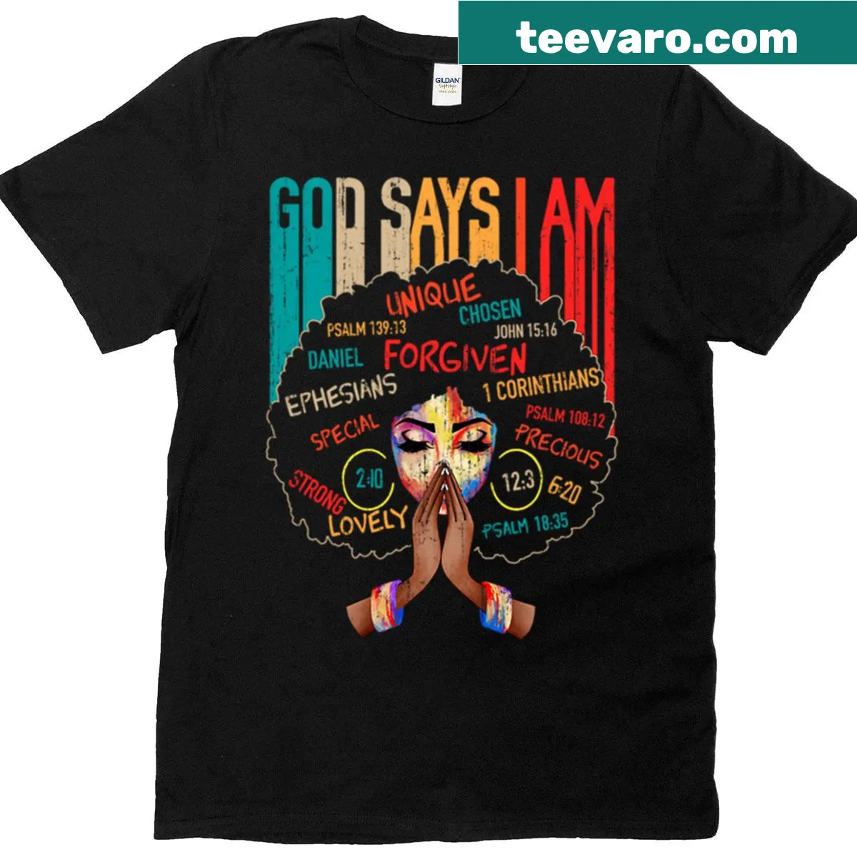 Inspirational t-shirt with 'God Says I Am' text design — on a men's t-shirt