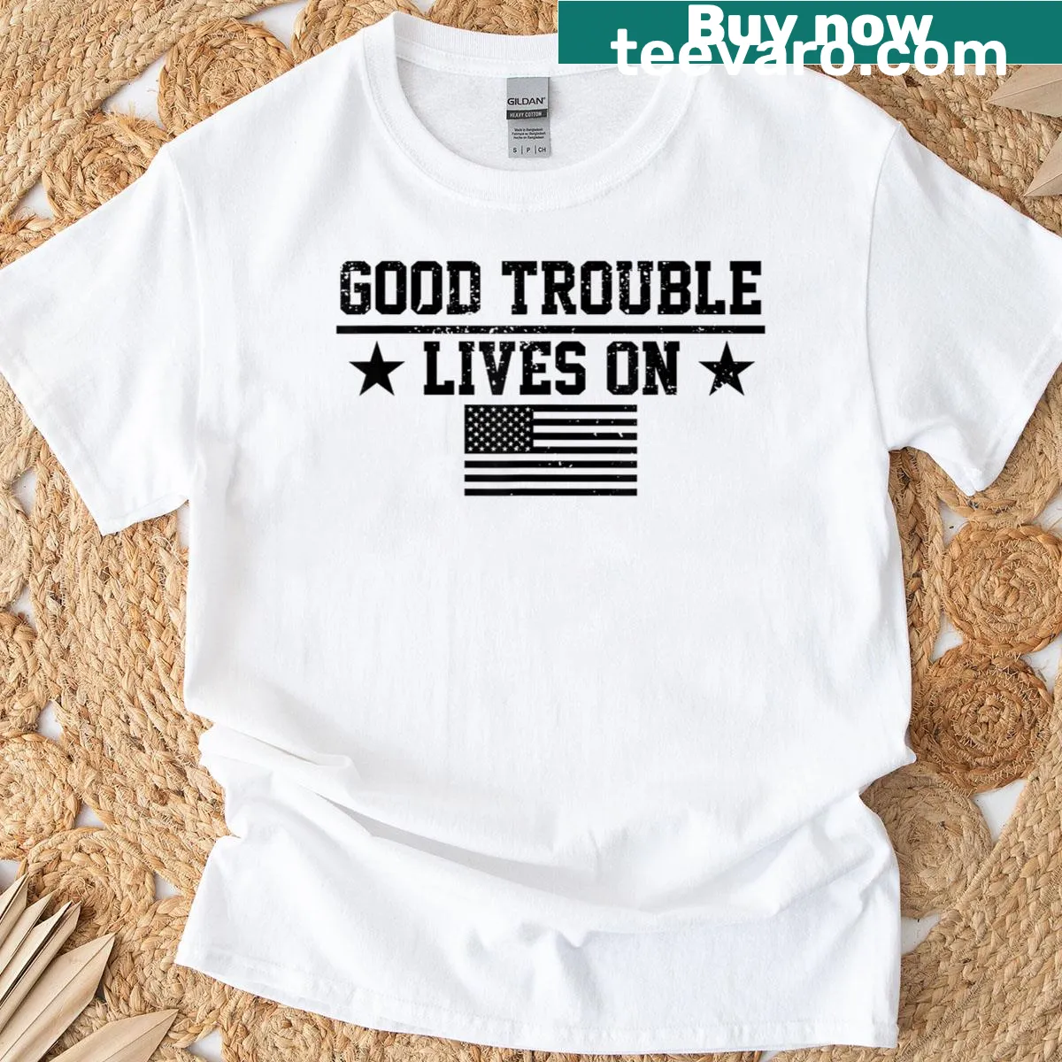 USA flag design with the phrase 'Good Necessary Trouble Lives On' on a T-shirt — on a men's t-shirt