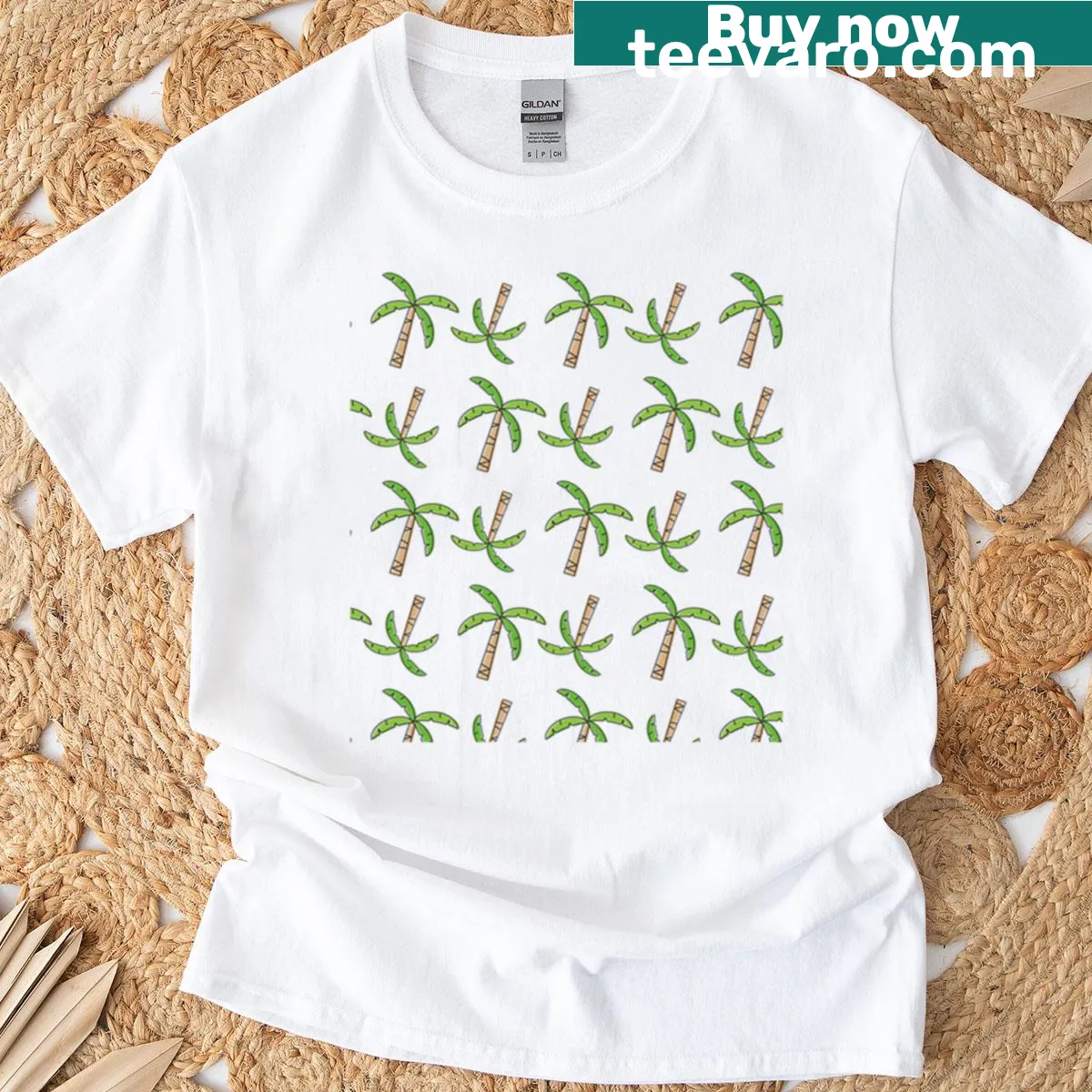 T-shirt featuring a pattern of palm trees, embodying a tropical theme — on a men's t-shirt