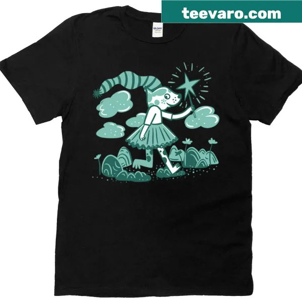 Illustration of a wizard dog with a star wand on a green t-shirt