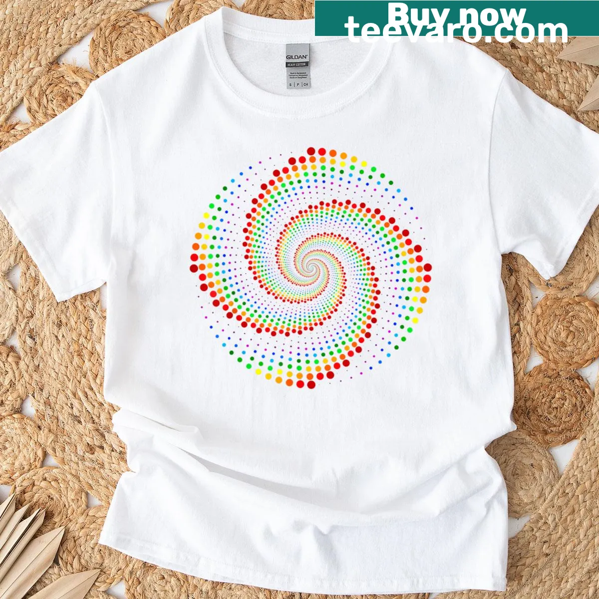 Colorful rainbow dots graphic for Dot Day celebration — on a men's t-shirt