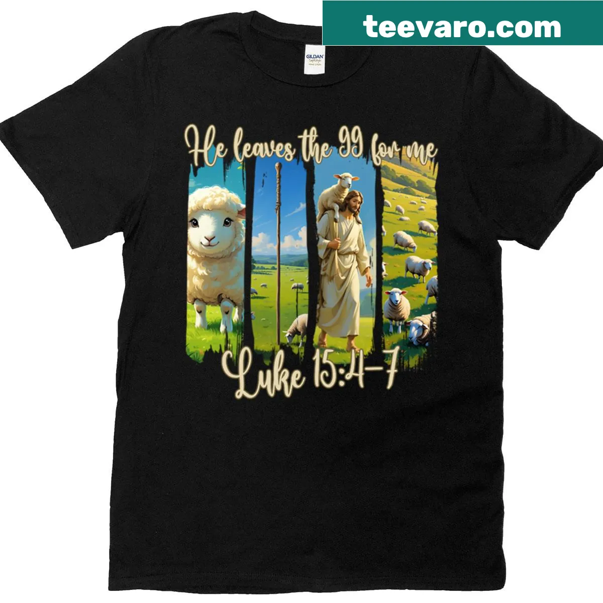 Illustrated design of a shepherd and lost sheep on t-shirt — on a men's t-shirt