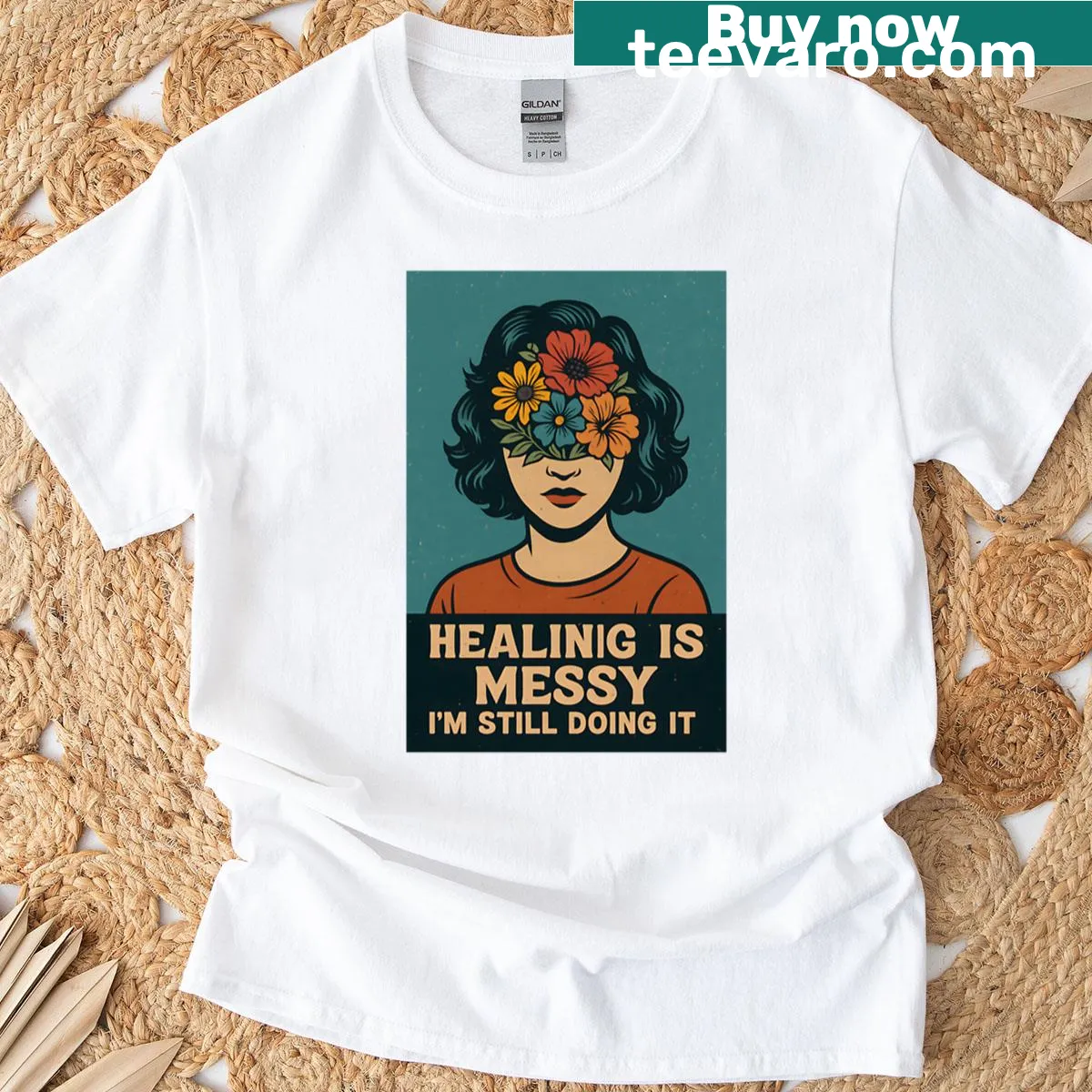 Surreal grunge collage t-shirt with Healing Is Messy text — on a men's t-shirt