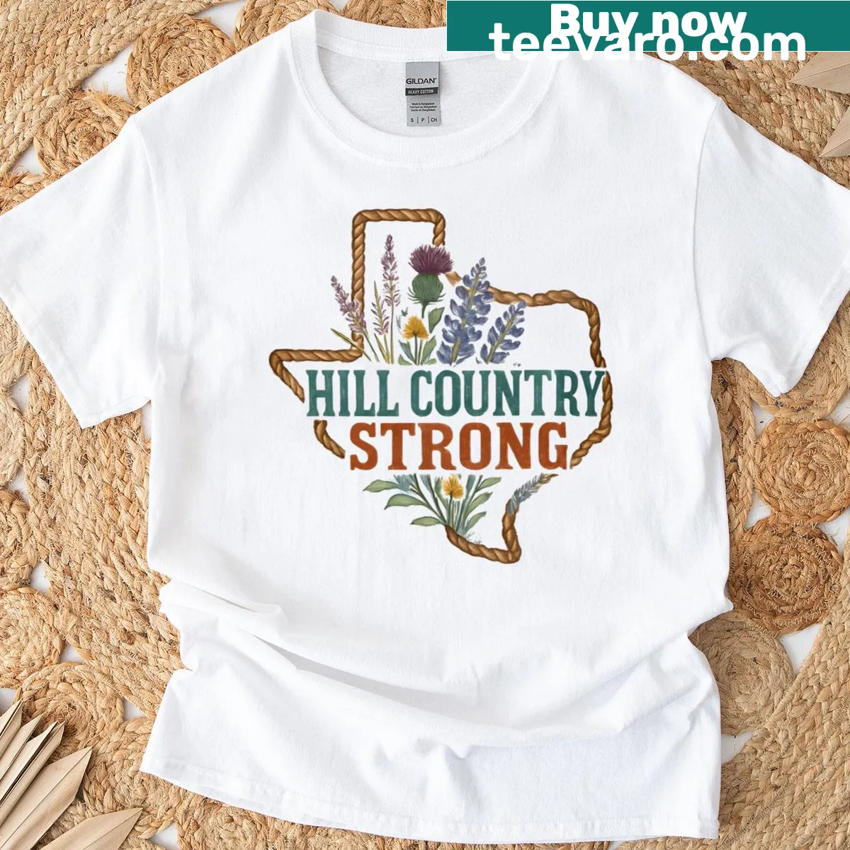 Proud Texas t-shirt with 'Hill Country Strong' text — on a men's t-shirt