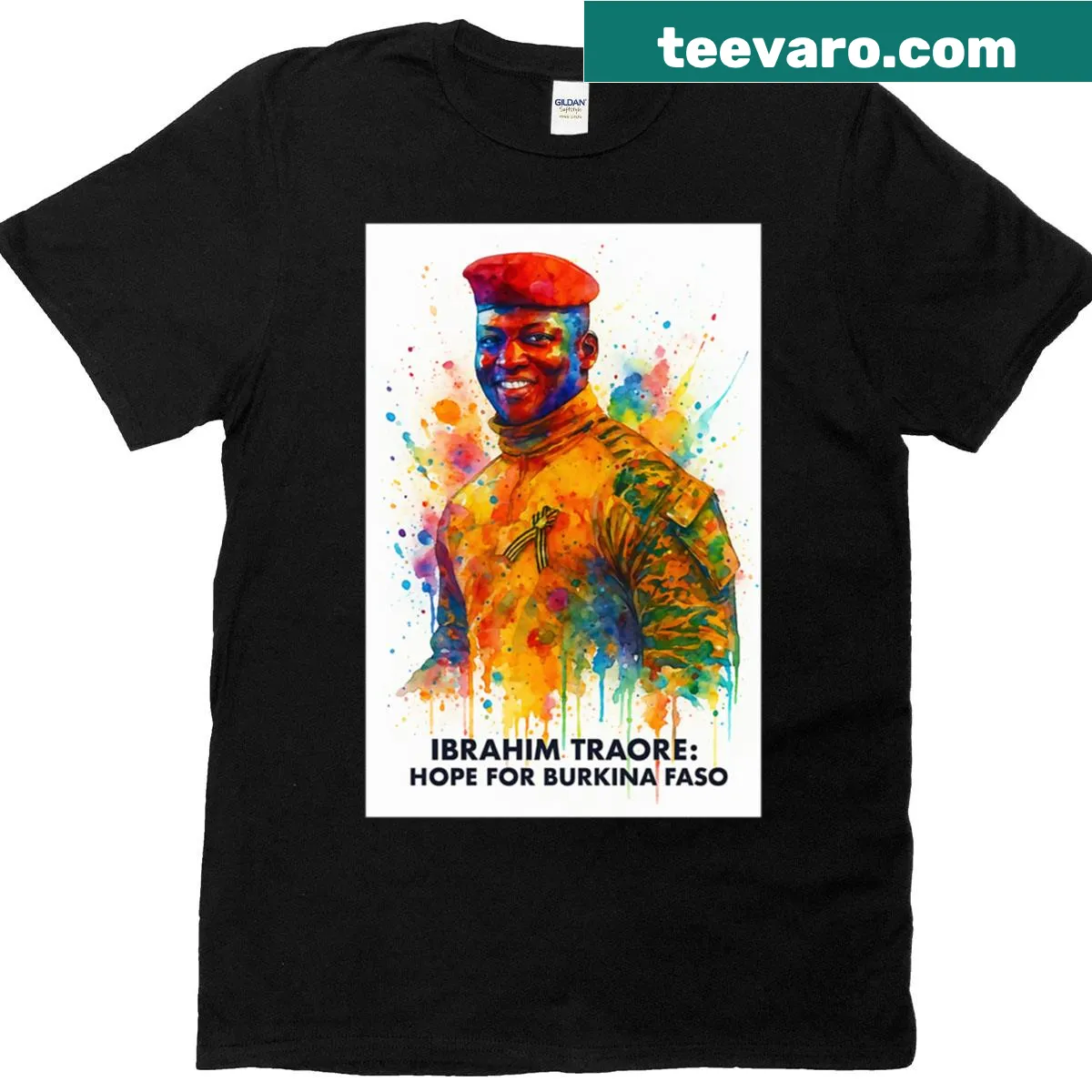 Watercolor portrait of Ibrahim Traore on a T-shirt symbolizing hope for Burkina Faso — on a men's t-shirt