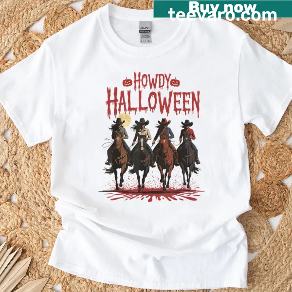 Retro Halloween cowgirl T-shirt with humorous Western graphic
