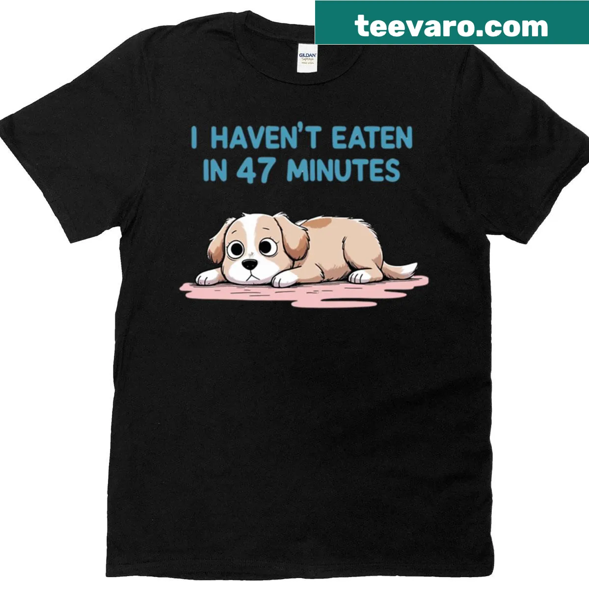Cute cartoon of a hungry puppy on a T-shirt — on a men's t-shirt
