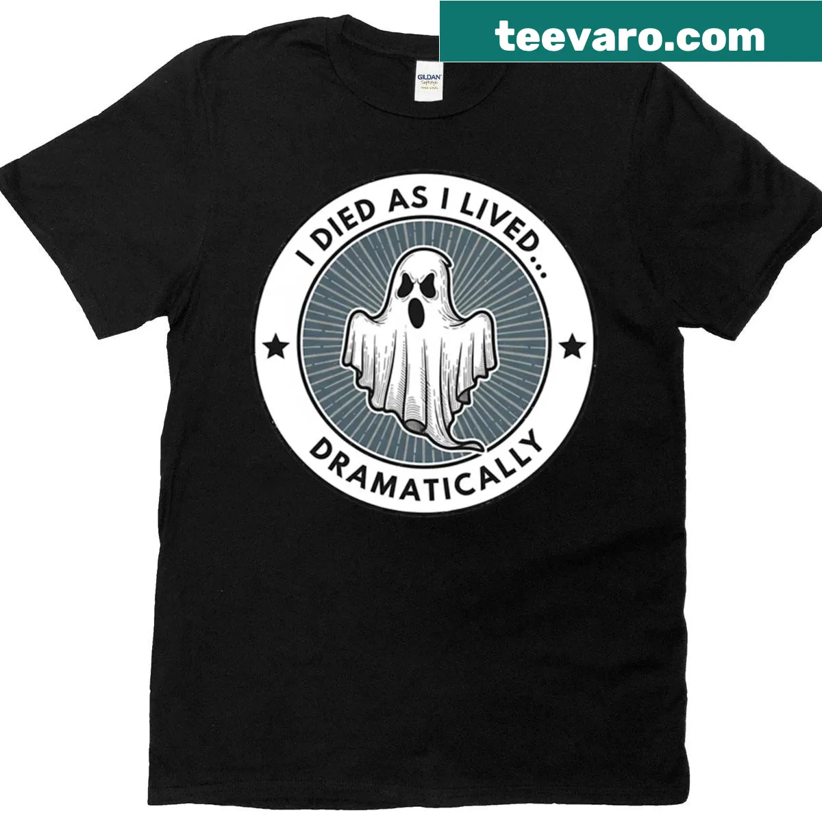 Ghost-themed t-shirt with the humorous phrase about life and death — on a men's t-shirt
