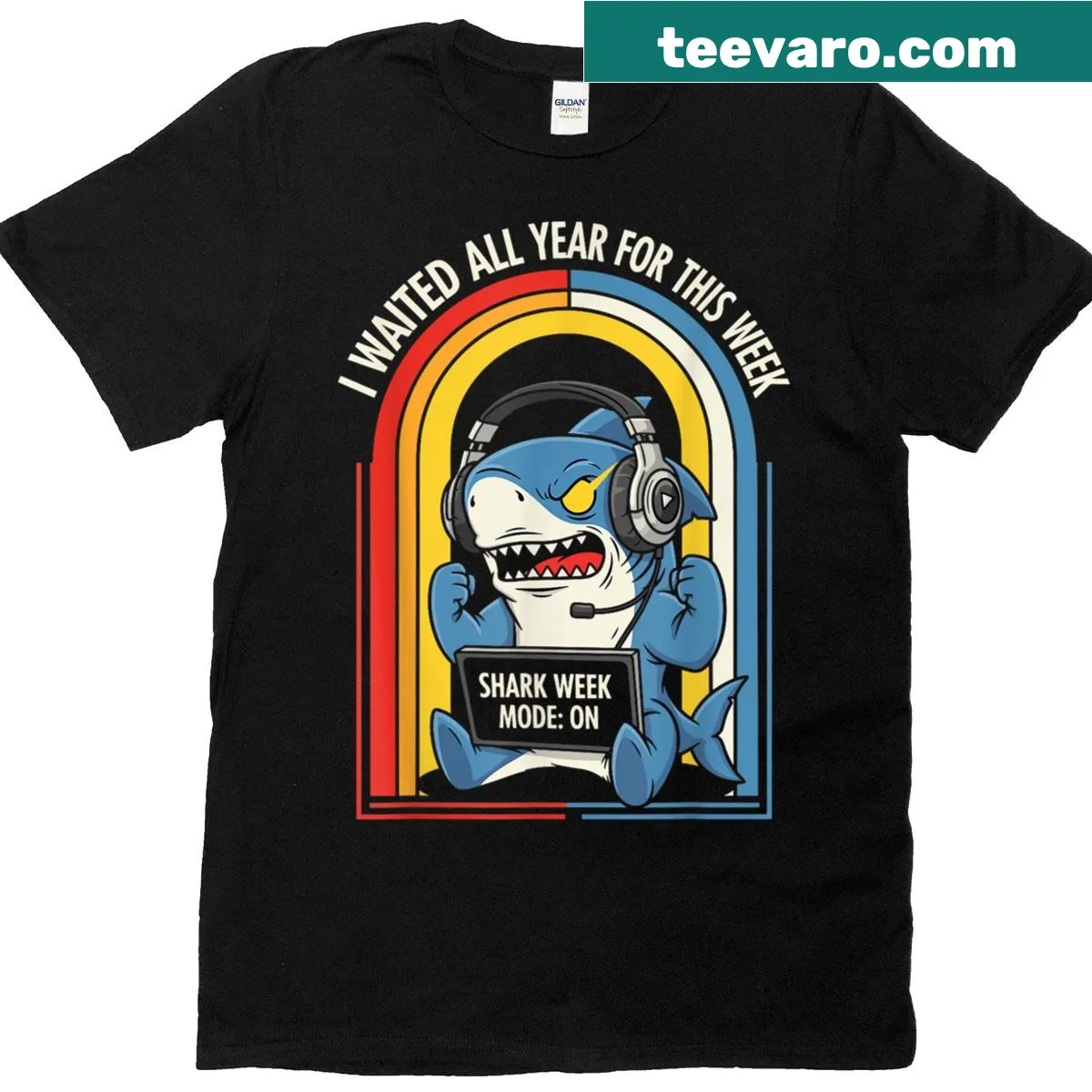 Shark week meme graphic t-shirt with the phrase 'I Waited All Year For This Week' — on a men's t-shirt